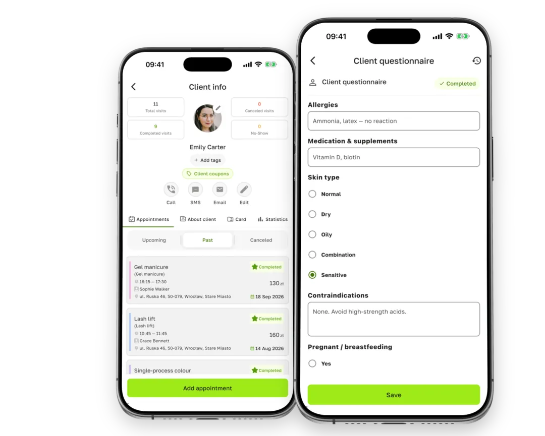 Beauty client record card in the Terminka Partner app: the Card tab and a completed consultation form