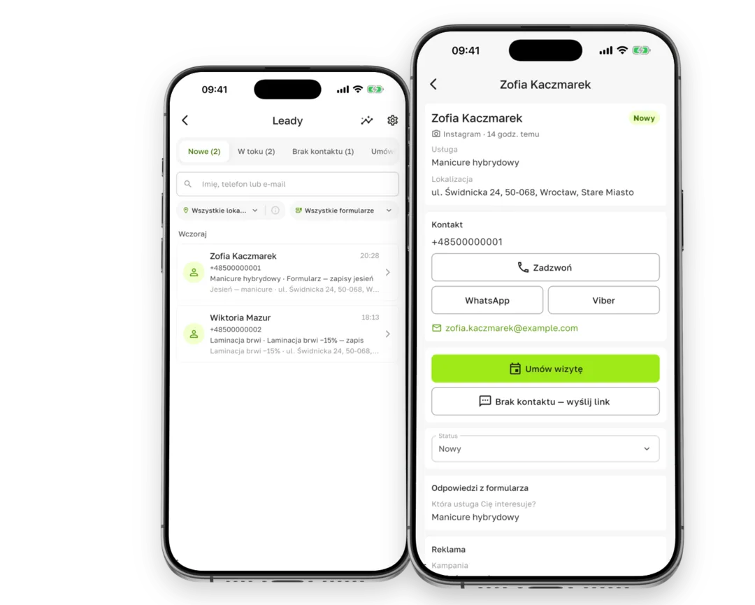 New leads and a lead card with contact details and form answers in the Terminka Partner app