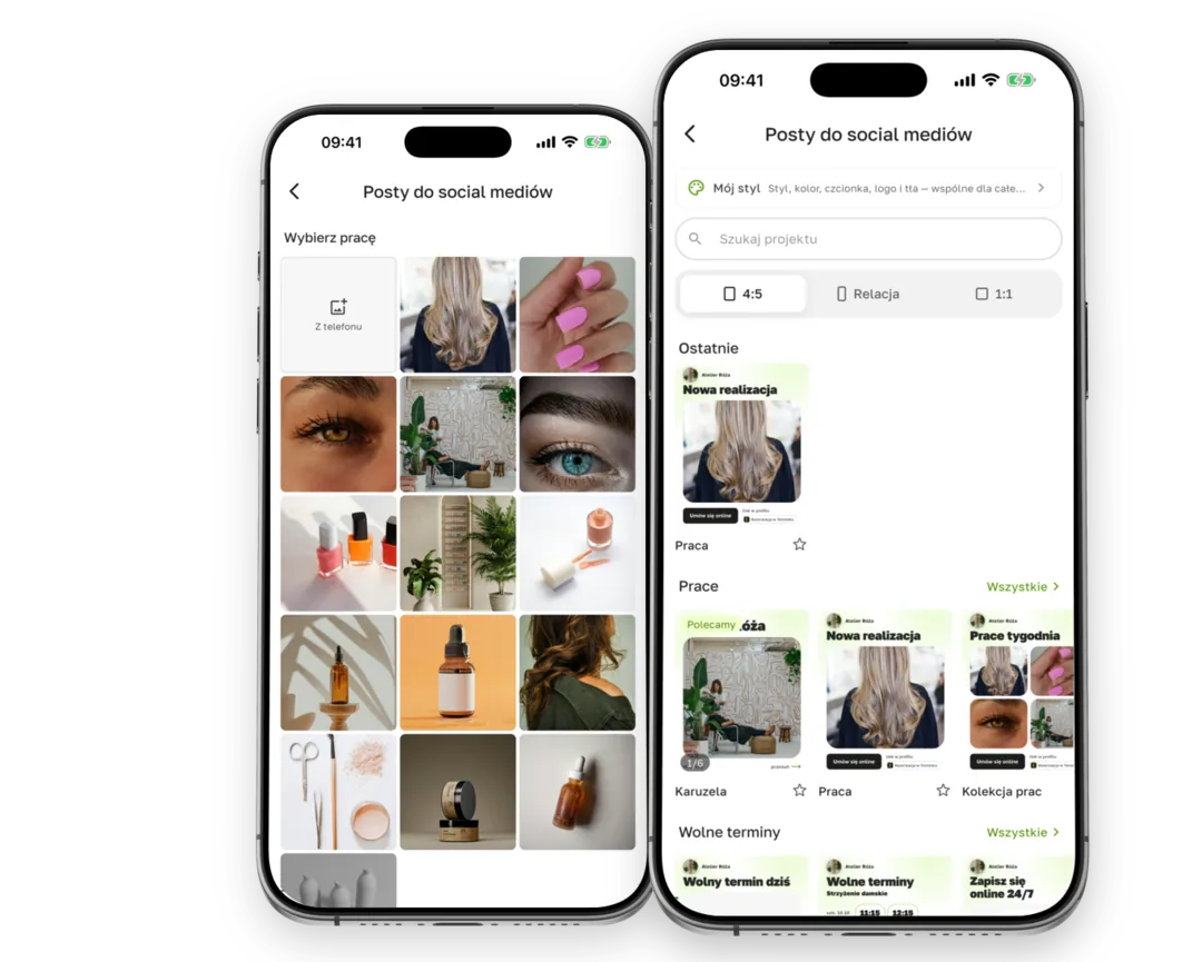 Choosing a photo of your work and post templates in the Terminka Partner app