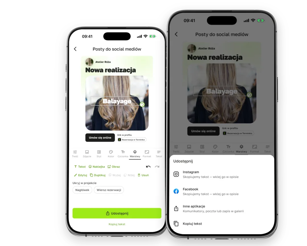 A finished post and sharing to Instagram and Facebook in the Terminka Partner app