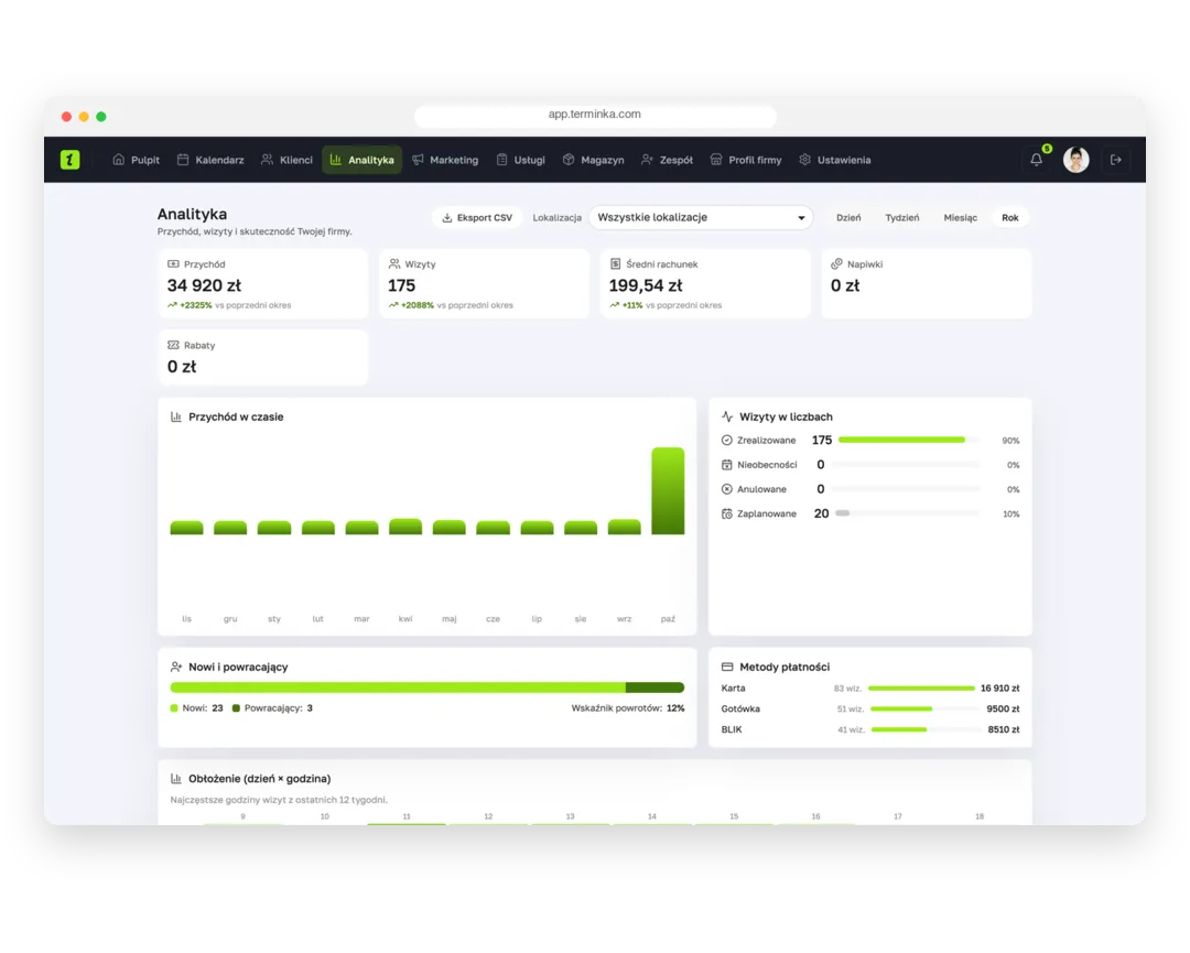 A year of revenue and visits with a monthly chart in the Terminka Partner web panel