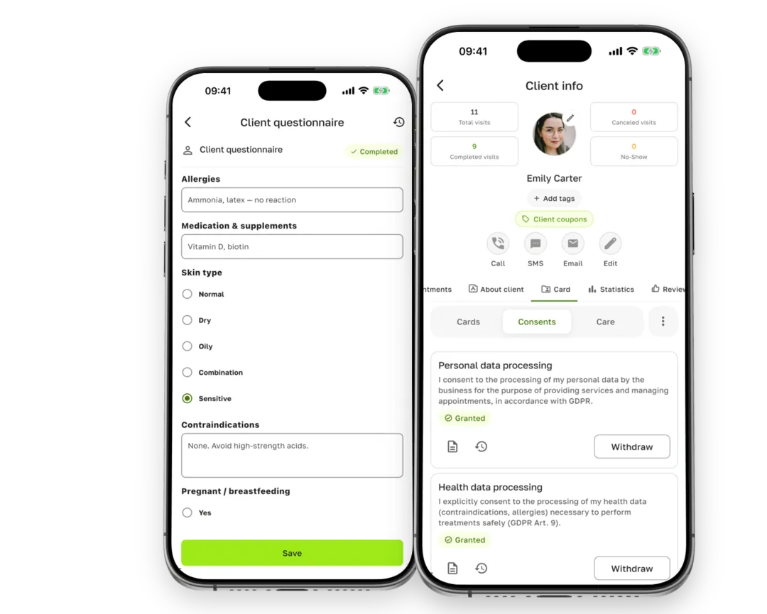 Online treatment consent and GDPR consents in the Consents tab of a client record in the Terminka Partner app