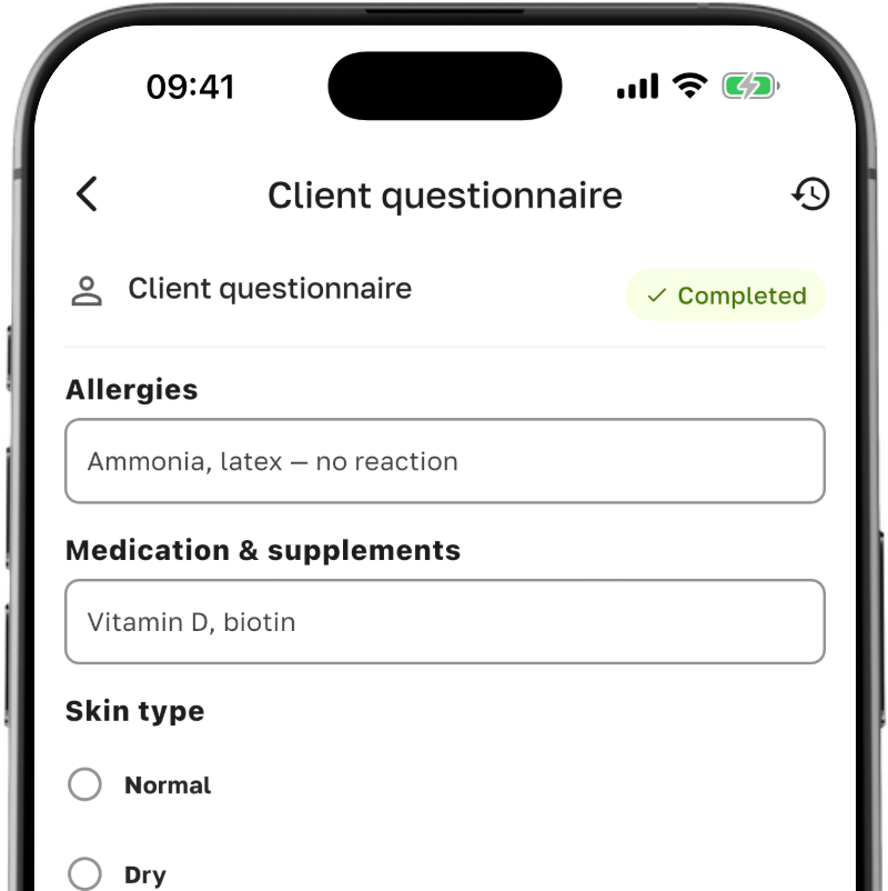 Beauty consultation form in the Terminka Partner app: allergies, medication and supplements, record marked Completed