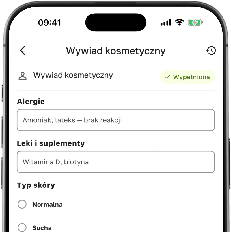 Wywiad kosmetyczny w aplikacji Terminka Partner: alergie, leki i suplementy, karta ze statusem Wypełniona