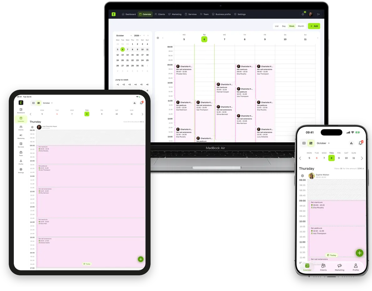 The Terminka appointment calendar on a laptop, tablet and phone