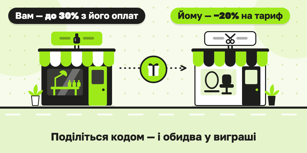 Два салони й подарунок між ними. Написи: «Вам — до 30% з його оплат», «Йому — −20% на тариф», «Поділіться кодом — і обидва у виграші».