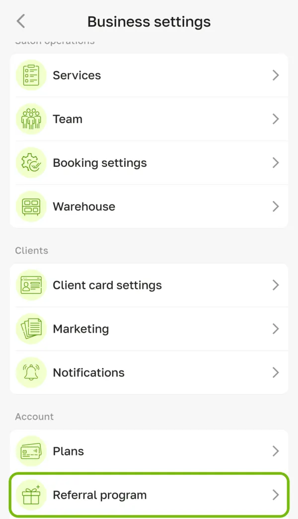 The Business settings screen in the Terminka Partner app with “Referral program” highlighted under “Account”.