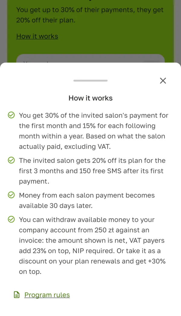 The “How it works” sheet with the referral program terms and a link to the program rules.