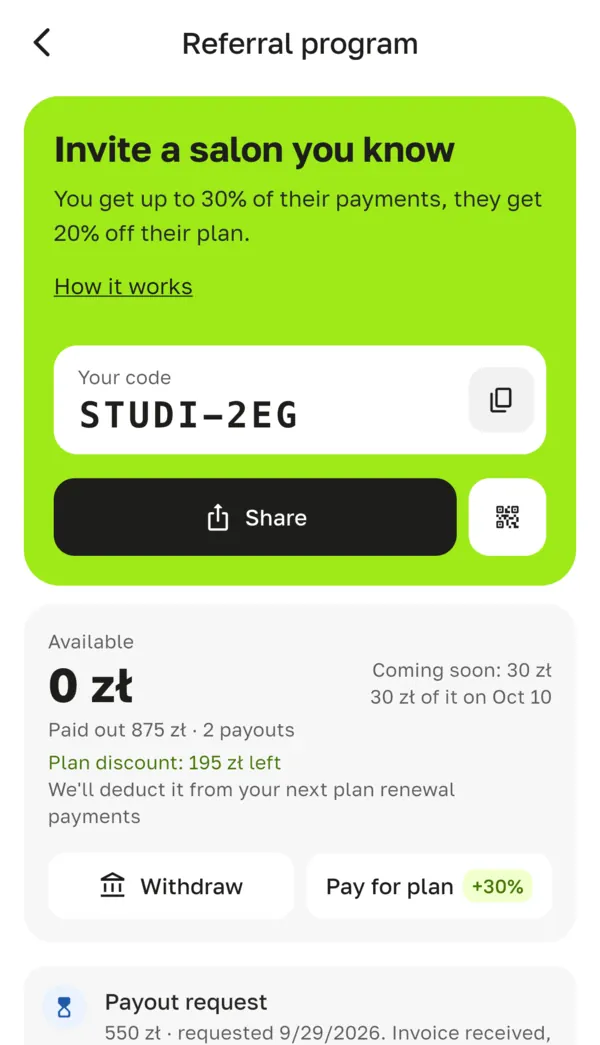 The Referral program screen with your code, the “Share” button and your reward balance.