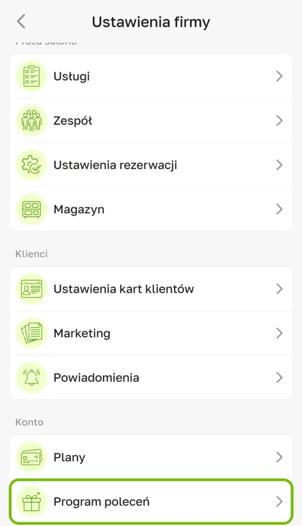 Ekran „Ustawienia firmy” w aplikacji Terminka Partner z zaznaczonym punktem „Program poleceń” w sekcji „Konto”.