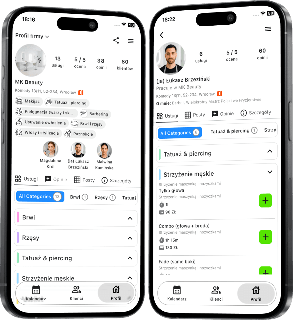 Profil firmy i profil specjalisty z listą usług w aplikacji Terminka Partner
