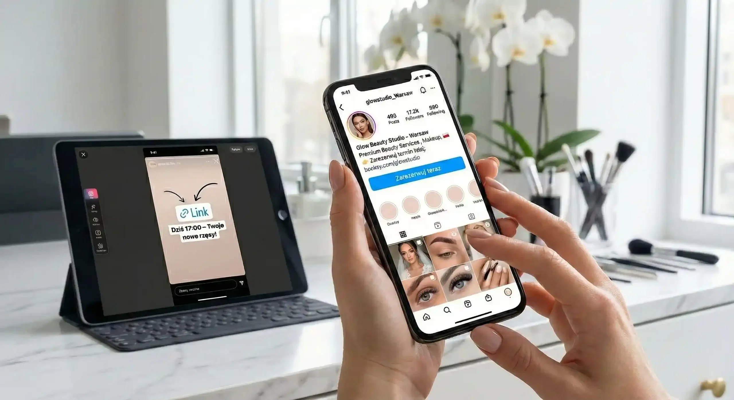 Profil salonu na Instagramie z linkiem do rezerwacji w bio i naklejką Link w relacji